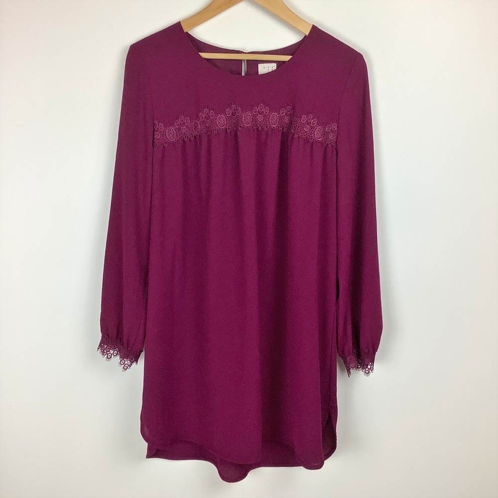 A New Day Women's Merlot Chiffon Lace Long Sleeve Shift Dress Size XS
